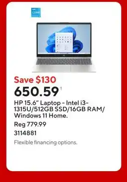 Staples HP 15.6 Laptop - Intel i3-1315U/512GB SSD/16GB RAM/Windows 11 Home offer