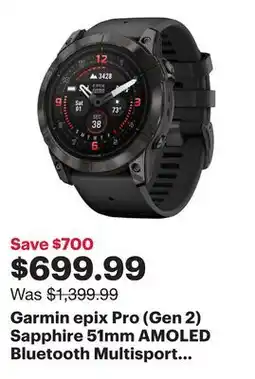 Best Buy Garmin epix Pro (Gen 2) Sapphire 51mm AMOLED Bluetooth Multisport GPS Smartwatch - Black offer