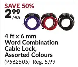 Princess Auto 4 ft x 6 mm Word Combination Cable Lock, Assorted Colours offer