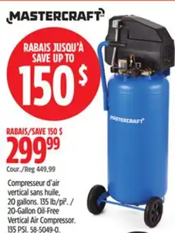 Canadian Tire Mastercraft 20-Gallon Oil-Free Vertical Air Compressor. 135 PSI offer