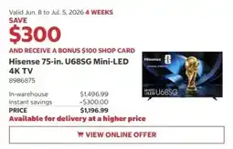 Costco Hisense 75-in. U68SG Mini-LED 4K TV offer