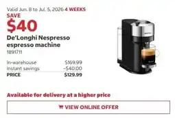 Costco De'Longhi Nespresso espresso machine offer
