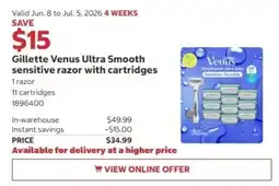 Costco Gillette Venus Ultra Smooth sensitive razor with cartridges offer