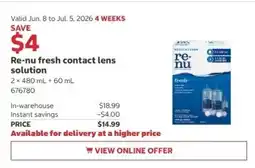 Costco Re-nu fresh contact lens solution offer