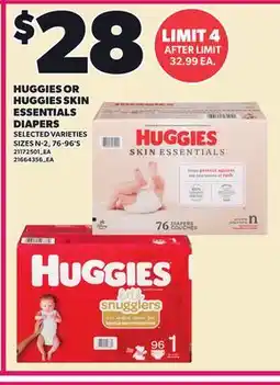 Loblaws HUGGIES OR HUGGIES SKIN ESSENTIALS DIAPERS, SIZES N-2, 76-96'S offer