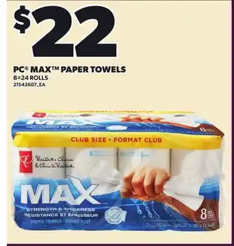 Loblaws PC MAX PAPER TOWELS, 8=24 ROLLS offer