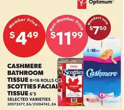 Loblaws CASHMERE BATHROOM TISSUE, 8=16 ROLLS OR SCOTTIES FACIAL TISSUE, 6'S offer