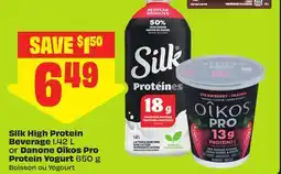 FreshCo Silk High Protein Beverage 1.42 L or Danone Oikos Pro Protein Yogurt 650 g offer