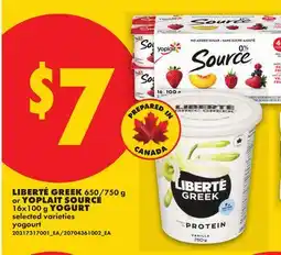 No Frills LIBERTÉ GREEK, 650/750 G OR YOPLAIT SOURCE, 16X100 G YOGURT offer