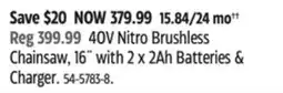 Canadian Tire Worx 40V Nitro Brushless Chainsaw, 16 with 2 x 2Ah Batteries & Charger offer
