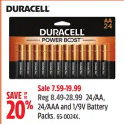 Canadian Tire DURACELL POWER BOOST 24/AA, 24/AAA and 1/9V Battery Packs offer
