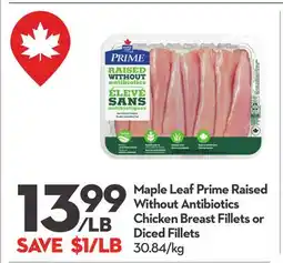 Longo's Maple Leaf Prime Raised Without Antibiotics Chicken Breast Fillets or Diced Fillets offer