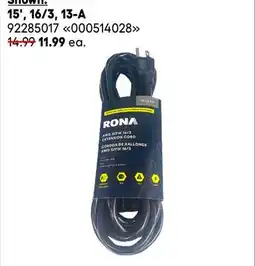RONA RONA black outdoor extension cords 15', 16/3, 13-A offer