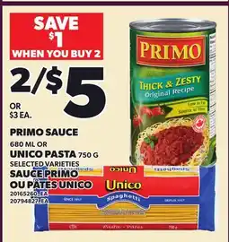 Independent Grocer PRIMO SAUCE, 680 ML OR UNICO PASTA, 750 G offer