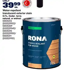 RONA Water-repellent translucent exterior stain 3.7-L. Cedar, terra, natural, or walnut offer