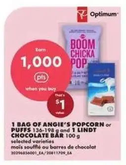No Frills 1 BAG OF ANGIE’S POPCORN or PUFFS 136-198 g and 1 LINDT CHOCOLATE BAR 100 g offer
