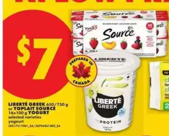 No Frills LIBERTÉ GREEK or YOPLAIT SOURCE YOGURT offer