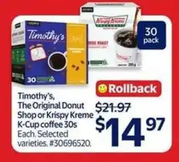 Walmart Timothy's, The Original Donut Shop or Krispy Kreme K-Cup coffee 30s offer