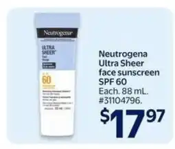 Walmart Neutrogena Ultra Sheer Face Sunscreen SPF 60 offer