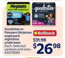 Walmart Goodnites or Pampers Ninjamas Superpack Nighttime Underwear offer