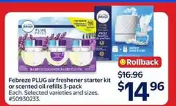 Walmart Febreze PLUG air freshener starter kit or scented oil refills 3-pack offer