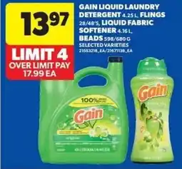 Real Canadian Superstore Gain liquid laundry detergent, flings, liquid fabric softener, beads offer