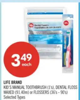 Shoppers Drug Mart LIFE BRAND KID'S MANUAL TOOTHBRUSH (1's), DENTAL FLOSS WAXED (91.40m) or FLOSSERS (36's - 90's) offer