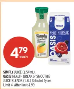Shoppers Drug Mart SIMPLY JUICE (1.54mL), OASIS HEALTH BREAK or SMOOTHIE JUICE BLENDS (1.6L) offer