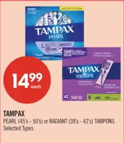 Shoppers Drug Mart TAMPAX PEARL (45's - 50's) or RADIANT (38's - 42's) TAMPONS offer