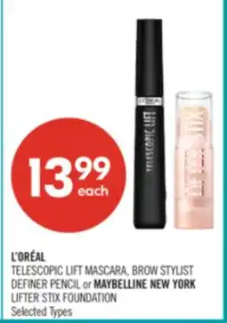 Shoppers Drug Mart TELESCOPIC LIFT MASCARA, BROW STYLIST DEFINER PENCIL or MAYBELLINE NEW YORK LIFTER STIX FOUNDATION offer