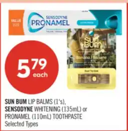 Shoppers Drug Mart SUN BUM LIP BALMS (1's), SENSODYNE WHITENING (135mL) or PRONAMEL (110mL) TOOTHPASTE offer
