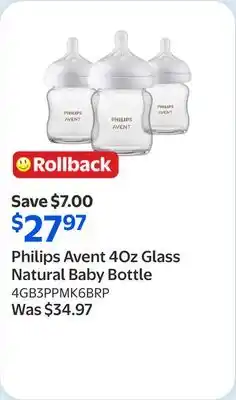 Walmart Philips Avent 4Oz Glass Natural Baby Bottle offer