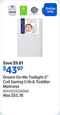 Walmart Dream On Me Twilight 5 Coil Spring Crib & Toddler Mattress offer
