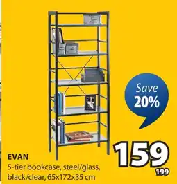 JYSK EVAN 5-tier bookcase steel/glass, black/clear offer