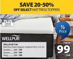 JYSK WELLPUR T40 Memory foam topper, medium firm offer