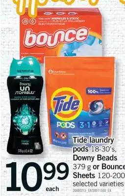 Fortinos TIDE LAUNDRY PODS, 18-30'S, DOWNY BEADS, 379 G OR BOUNCE SHEETS, 120-200'S offer
