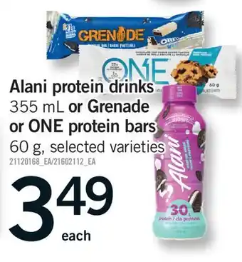 Fortinos ALANI PROTEIN DRINKS, 355 ML OR GRENADE OR ONE PROTEIN BARS, 60 G offer
