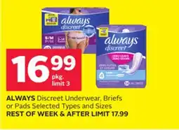 Rexall ALWAYS Discreet Underwear, Briefs or Pads offer