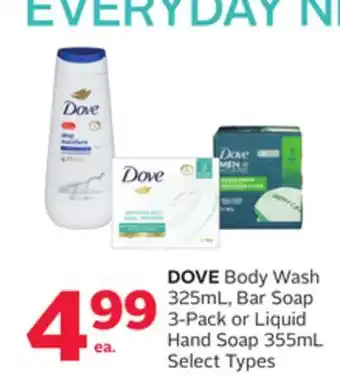 Rexall DOVE Body Wash 325mL, Bar Soap 3-Pack or Liquid Hand Soap 355mL offer