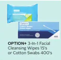 Rexall OPTION+ 3-In-1 Facial Cleansing Wipes 15's or Cotton Swabs 400's offer