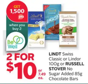 Rexall LINDT Swiss Classic or Lindor 100g or RUSSELL STOVER No Sugar Added 85g Chocolate Bars offer