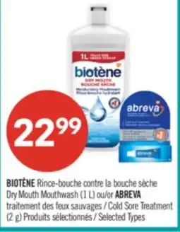 Pharmaprix BIOTÈNE Dry Mouth Mouthwash (1 L) or ABREVA Cold Sore Treatment (2 g) offer