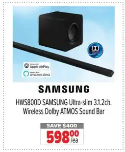 2001 Audio Video HWS800D SAMSUNG Ultra-slim 3.1.2ch. Wireless Dolby ATMOS Sound Bar offer