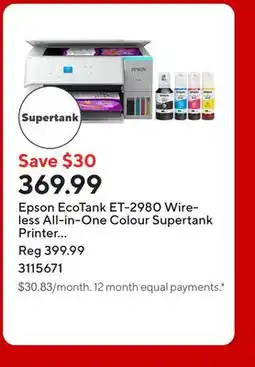 Staples Epson EcoTank ET-2980 Wireless All-in-One Colour Supertank Printer - White offer