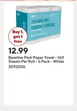 Staples Baseline Perk Paper Towel - 160 Sheets Per Roll - 6 Pack - White offer