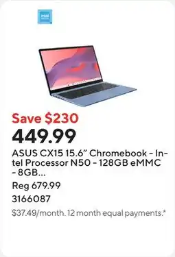 Staples ASUS CX15 15.6 Chromebook - Intel Processor N50 - 128GB eMMC - 8GB RAM - Chrome OS - Fabric Blue offer
