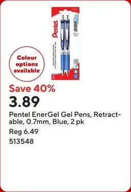 Staples Pentel EnerGel Gel Pens, Retractable, 0.7mm, Blue offer
