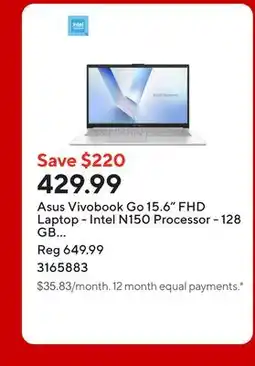 Staples Asus Vivobook Go 15.6 FHD Laptop - Intel N150 Processor - 128 GB UFS - 4 GB RAM - Windows 11 offer