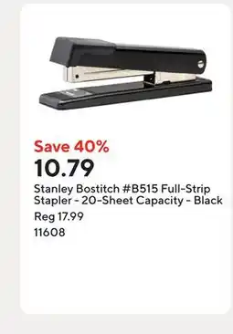 Staples Stanley Bostitch #B515 Full-Strip Stapler - 20-Sheet Capacity - Black offer