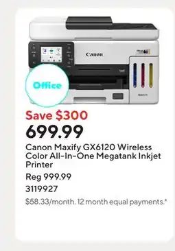 Staples Canon Maxify GX6120 Wireless Color All-In-One Megatank Inkjet Printer offer